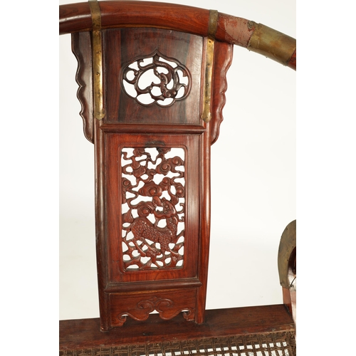 160 - A 19TH CENTURY HUANGHUALI HORSESHOE BACK FOLDING HUNTING CHAIR having curved top rail without scroll... 