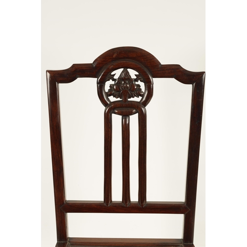 161 - A GOOD PAIR OF 19TH CENTURY CHINESE HARDWOOD SIDE CHAIRS with shaped top rails enclosing carved leaf... 