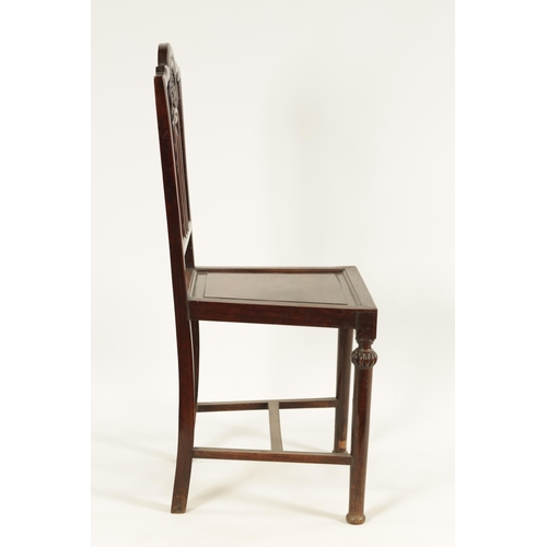 161 - A GOOD PAIR OF 19TH CENTURY CHINESE HARDWOOD SIDE CHAIRS with shaped top rails enclosing carved leaf... 