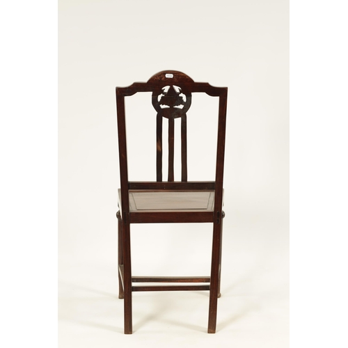 161 - A GOOD PAIR OF 19TH CENTURY CHINESE HARDWOOD SIDE CHAIRS with shaped top rails enclosing carved leaf... 