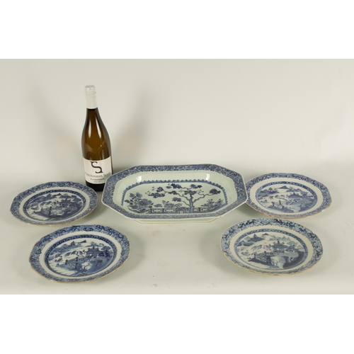 162 - AN 18TH CENTURY CHINESE BLUE AND WHITE CLIPPED RECTANGULAR DISH with fenced garden scene to the cent... 