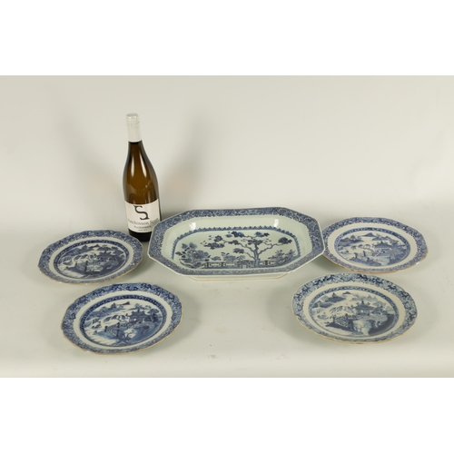 162 - AN 18TH CENTURY CHINESE BLUE AND WHITE CLIPPED RECTANGULAR DISH with fenced garden scene to the cent... 