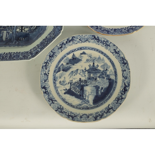 162 - AN 18TH CENTURY CHINESE BLUE AND WHITE CLIPPED RECTANGULAR DISH with fenced garden scene to the cent... 