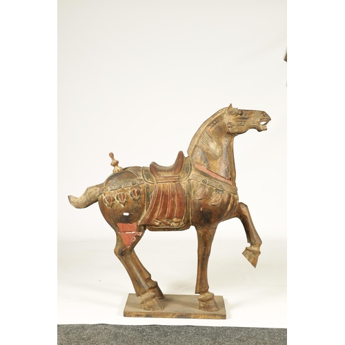 168 - A MID 19TH CENTURY CHINESE TANG DYNASTY STYLE POLYCHROME DECORATED CARVED SCULPTURE OF A HORSE with ... 