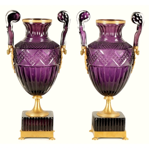 17 - A LARGE PAIR OF LATE 19TH/EARLY 20TH CENTURY RUSSIAN ORMOLU MOUNTED AMETHYST CUT-GLASS VASES after t... 