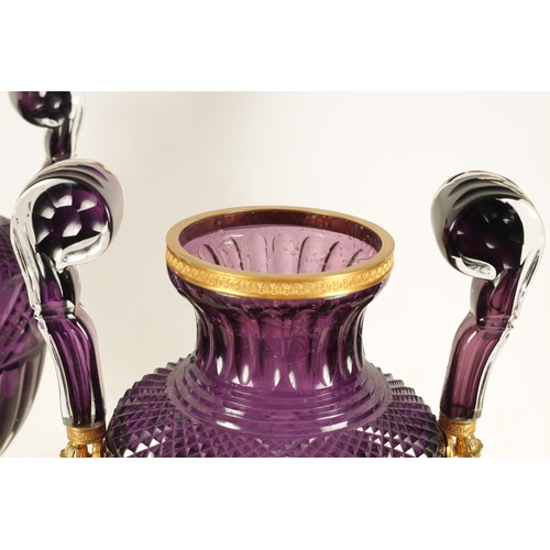 17 - A LARGE PAIR OF LATE 19TH/EARLY 20TH CENTURY RUSSIAN ORMOLU MOUNTED AMETHYST CUT-GLASS VASES after t... 