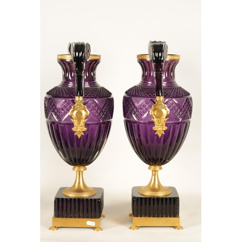 17 - A LARGE PAIR OF LATE 19TH/EARLY 20TH CENTURY RUSSIAN ORMOLU MOUNTED AMETHYST CUT-GLASS VASES after t... 