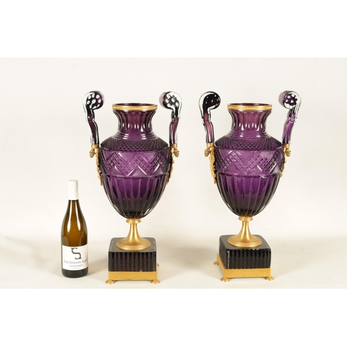 17 - A LARGE PAIR OF LATE 19TH/EARLY 20TH CENTURY RUSSIAN ORMOLU MOUNTED AMETHYST CUT-GLASS VASES after t... 