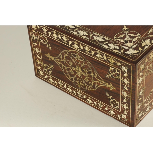 171 - A 19TH CENTURY ANGLO INDIAN IVORY AND SILVER METAL INLAID HARDWOOD JEWELLERY BOX with finely decorat... 