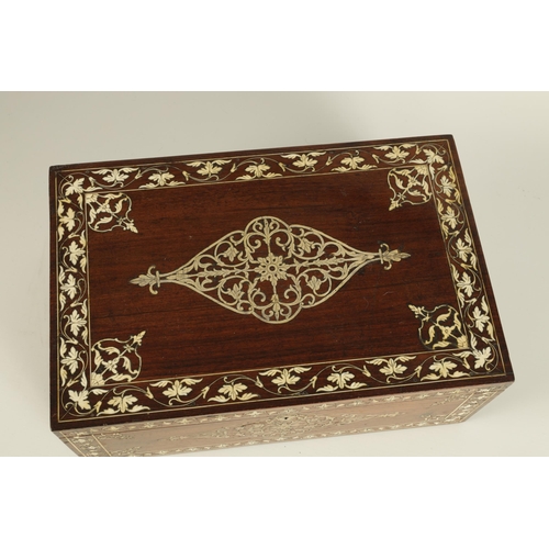 171 - A 19TH CENTURY ANGLO INDIAN IVORY AND SILVER METAL INLAID HARDWOOD JEWELLERY BOX with finely decorat... 