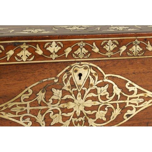 171 - A 19TH CENTURY ANGLO INDIAN IVORY AND SILVER METAL INLAID HARDWOOD JEWELLERY BOX with finely decorat... 