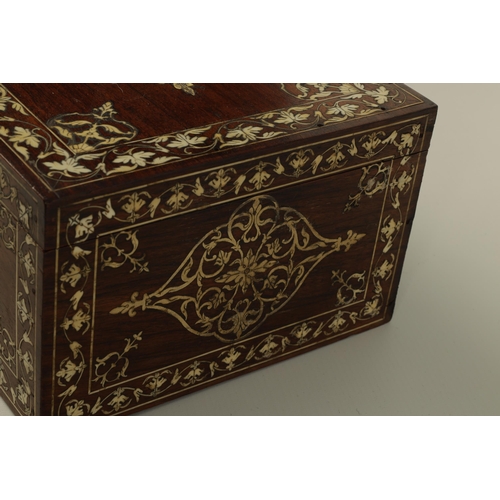 171 - A 19TH CENTURY ANGLO INDIAN IVORY AND SILVER METAL INLAID HARDWOOD JEWELLERY BOX with finely decorat... 