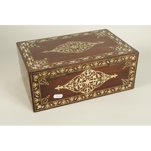 171 - A 19TH CENTURY ANGLO INDIAN IVORY AND SILVER METAL INLAID HARDWOOD JEWELLERY BOX with finely decorat... 