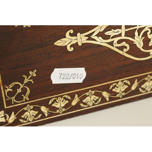 171 - A 19TH CENTURY ANGLO INDIAN IVORY AND SILVER METAL INLAID HARDWOOD JEWELLERY BOX with finely decorat... 