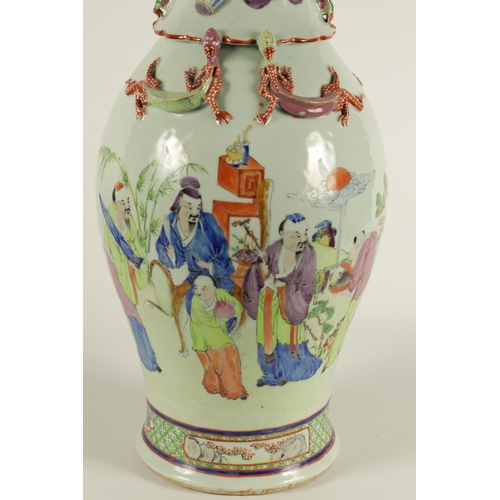 172 - A LARGE 19TH CENTURY CHINESE POLYCHROME FAMILLE ROSE VASE of bulbous form with relief moulded lizard... 