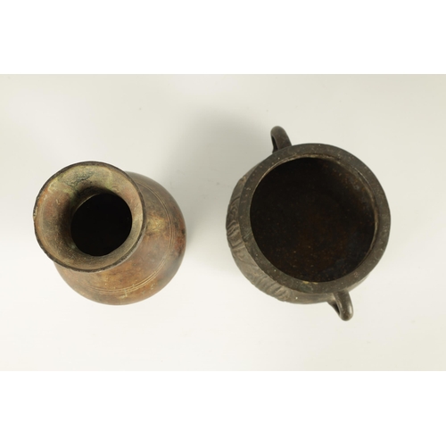 175 - A CHINESE TWO HANDLED BRONZE SHALLOW FOOTED CENSER with cast side panels and seal mark beneath TOGET... 