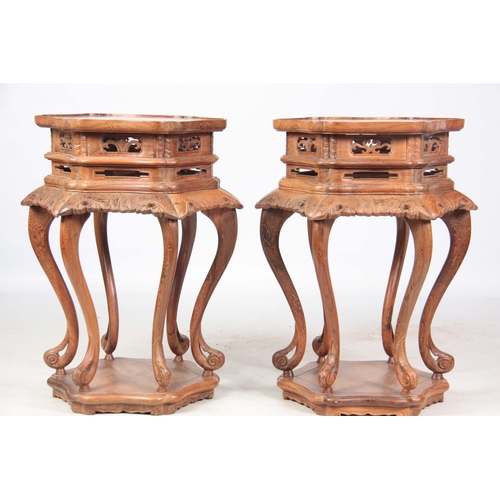 177 - A PAIR OF EARLY 20TH CENTURY CHINESE CHICKEN WING WOOD HEXAGONAL SHAPED JARDINIERE STANDS with burr-... 