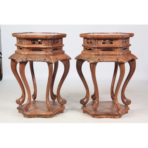 177 - A PAIR OF EARLY 20TH CENTURY CHINESE CHICKEN WING WOOD HEXAGONAL SHAPED JARDINIERE STANDS with burr-... 