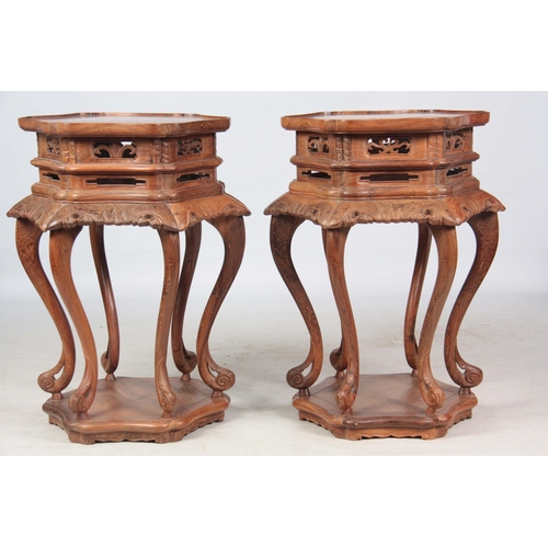 177 - A PAIR OF EARLY 20TH CENTURY CHINESE CHICKEN WING WOOD HEXAGONAL SHAPED JARDINIERE STANDS with burr-... 