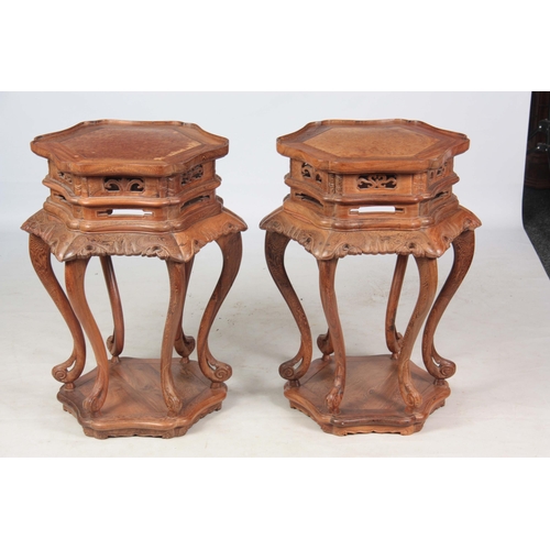 177 - A PAIR OF EARLY 20TH CENTURY CHINESE CHICKEN WING WOOD HEXAGONAL SHAPED JARDINIERE STANDS with burr-... 