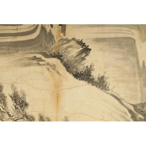 178 - A MID 19TH CENTURY CHINESE INK DRAWING ON RICE PAPER depicting a mountainous landscape (134cm high 6... 