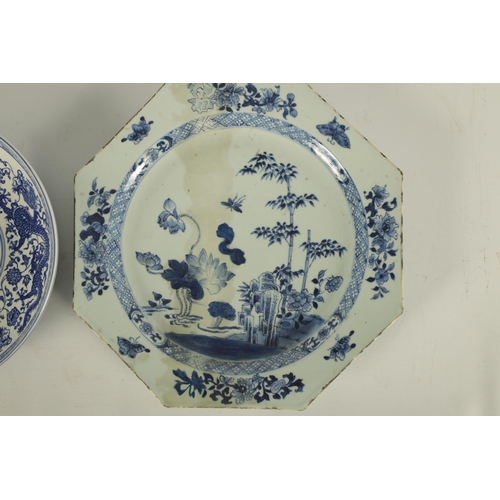 179 - AN 18TH CENTURY CHINESE BLUE AND WHITE OCTAGONAL DISH with floral landscape centre TOGETHER WITH A 2... 