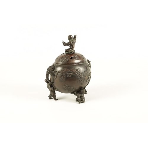 180 - A JAPANESE MEIJI PERIOD PATINATED BRONZE KORO AND COVER the domed lid surmounted by a seated man on ... 