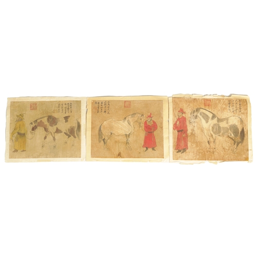 181 - A SET OF THREE 19TH CENTURY CHINESE WATERCOLOURS depicting figures with horses, having Chinese scrip... 