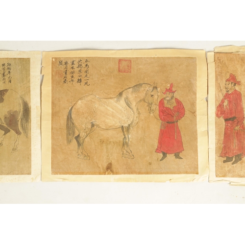 181 - A SET OF THREE 19TH CENTURY CHINESE WATERCOLOURS depicting figures with horses, having Chinese scrip... 