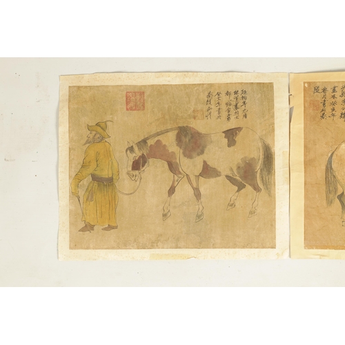 181 - A SET OF THREE 19TH CENTURY CHINESE WATERCOLOURS depicting figures with horses, having Chinese scrip... 