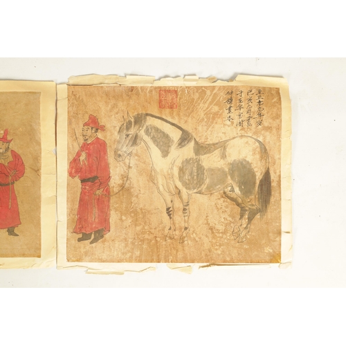 181 - A SET OF THREE 19TH CENTURY CHINESE WATERCOLOURS depicting figures with horses, having Chinese scrip... 