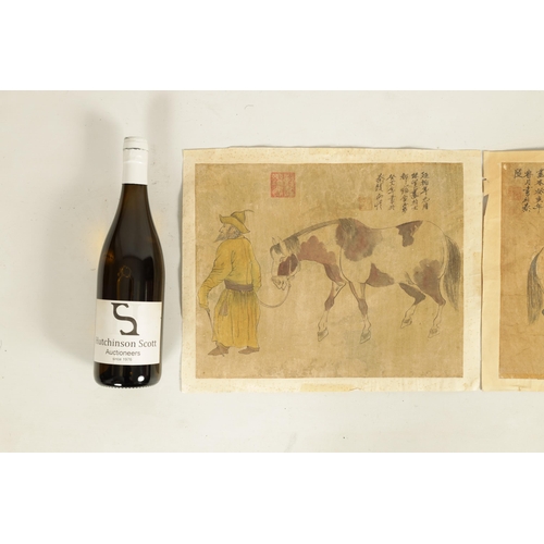 181 - A SET OF THREE 19TH CENTURY CHINESE WATERCOLOURS depicting figures with horses, having Chinese scrip... 