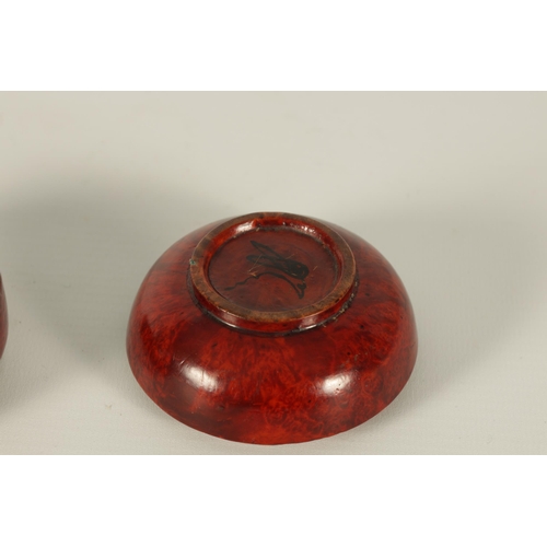 182 - A 19TH CENTURY CHINESE BURR-WOOD TURNED LIDDED BOX with red laquer finish. (8cm diameter 5cm high )