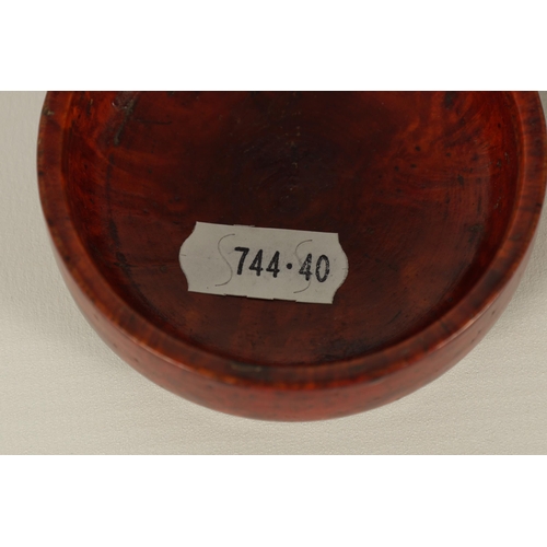 182 - A 19TH CENTURY CHINESE BURR-WOOD TURNED LIDDED BOX with red laquer finish. (8cm diameter 5cm high )