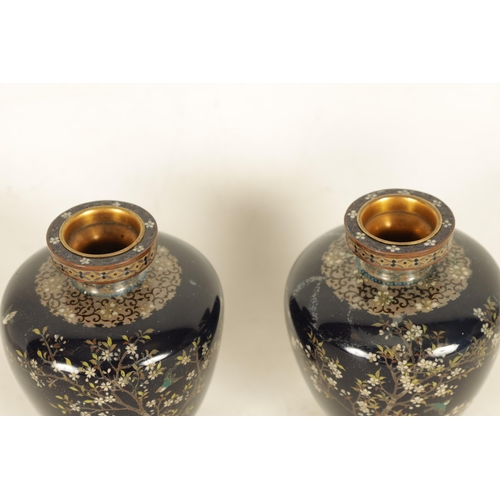 189 - A SMALL PAIR OF JAPANESE MEIJI PERIOD CLOISONNE VASES dark blue ground and decorated with silver wir... 