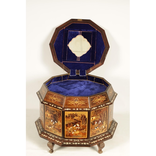 190 - A LARGE EARLY 20TH CENTURY ANGLO INDIAN DECAGONAL SHAPED MARQUETRY INLAID HARDWOOD CASKET finely inl... 