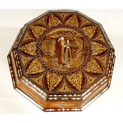 190 - A LARGE EARLY 20TH CENTURY ANGLO INDIAN DECAGONAL SHAPED MARQUETRY INLAID HARDWOOD CASKET finely inl... 