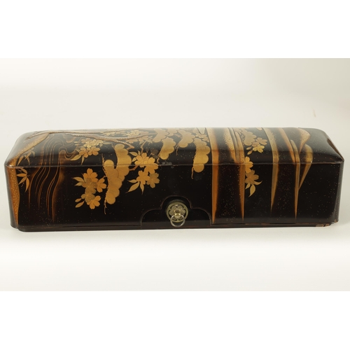 191 - A JAPANESE MEIJI PERIOD BLACK LACQUERWORK SCROLL BOX with raised gilt decoration of prunus trees in ... 