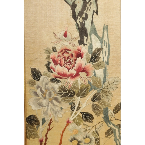 195 - A PAIR OF 19TH CENTURY CHINESE RAISED SILK EMBROIDERED PICTURES depicting flower sprays and birds - ... 