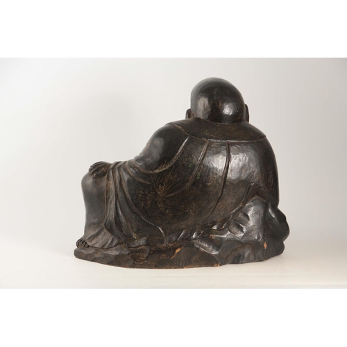 198 - A 19TH CENTURY CHINESE CARVED HARDWOOD SCULPTURE OF A SEATED BUDDHA (48cm wide.)