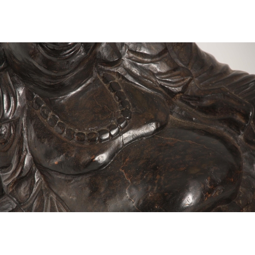 198 - A 19TH CENTURY CHINESE CARVED HARDWOOD SCULPTURE OF A SEATED BUDDHA (48cm wide.)