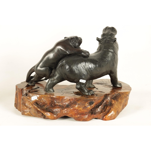 206 - AN UNUSUAL MEIJI PERIOD JAPANESE PATINATED BRONZE ANIMAL GROUP depiciting a hippo and a tiger - moun... 