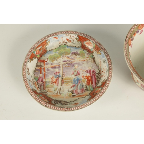 209 - AN 18TH CENTURY CHINESE FAMILLE ROSE BOWL ON STAND brightly coloured with panelled figural scenes an... 