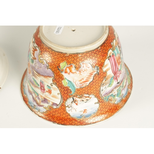 209 - AN 18TH CENTURY CHINESE FAMILLE ROSE BOWL ON STAND brightly coloured with panelled figural scenes an... 