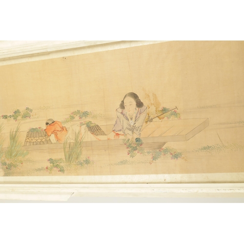 211 - A 19TH CENTURY CHINESE WATERCOLOUR ON SILK PANEL depiciting a figural landscape - signed with red se... 