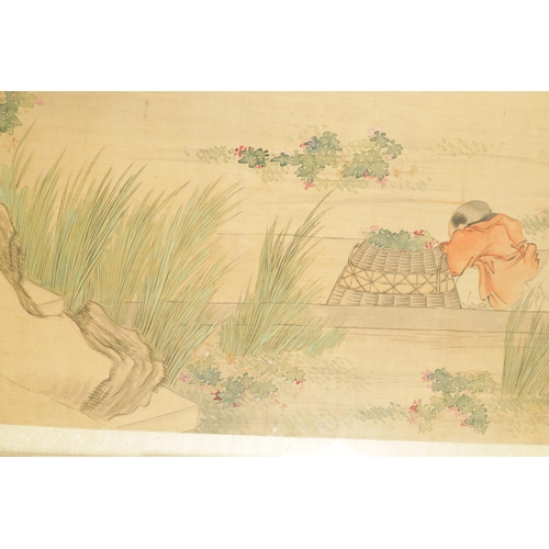 211 - A 19TH CENTURY CHINESE WATERCOLOUR ON SILK PANEL depiciting a figural landscape - signed with red se... 