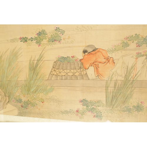 211 - A 19TH CENTURY CHINESE WATERCOLOUR ON SILK PANEL depiciting a figural landscape - signed with red se... 