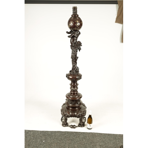 213 - AN IMPRESSIVE MEIJI PERIOD JAPANESE PATINATED BRONZE AND MIXED METAL STANDARD LAMP circular fitted r... 