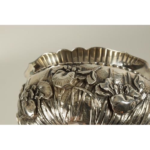 215 - A JAPANESE MEIJI PERIOD SOLD SILVER IRIS BOWL scalloped flared rim above a footed bulbous body decor... 