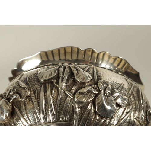 215 - A JAPANESE MEIJI PERIOD SOLD SILVER IRIS BOWL scalloped flared rim above a footed bulbous body decor... 